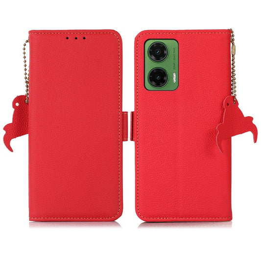 TJ For Motorola Moto G35 5G Case RFID Blocking Genuine Cow Leather Phone Cover - Red