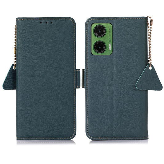 TJ For Motorola Moto G35 5G Case RFID Blocking Genuine Cow Leather Phone Cover - Green