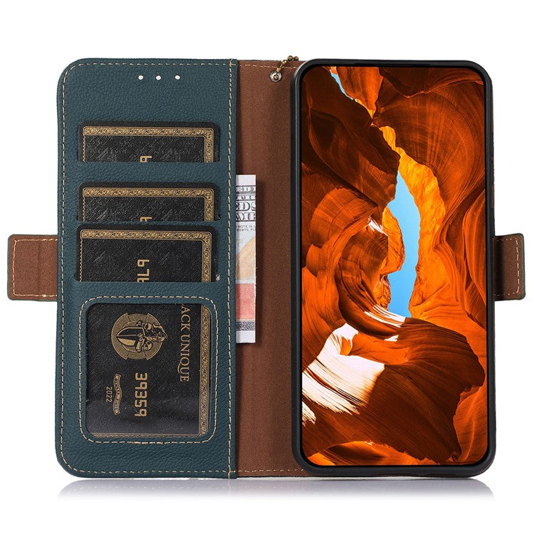 TJ For Motorola Moto G35 5G Case RFID Blocking Genuine Cow Leather Phone Cover - Green
