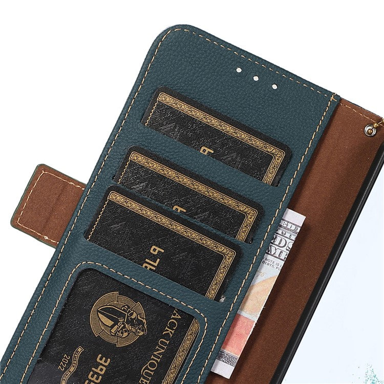 TJ For Motorola Moto G35 5G Case RFID Blocking Genuine Cow Leather Phone Cover - Green