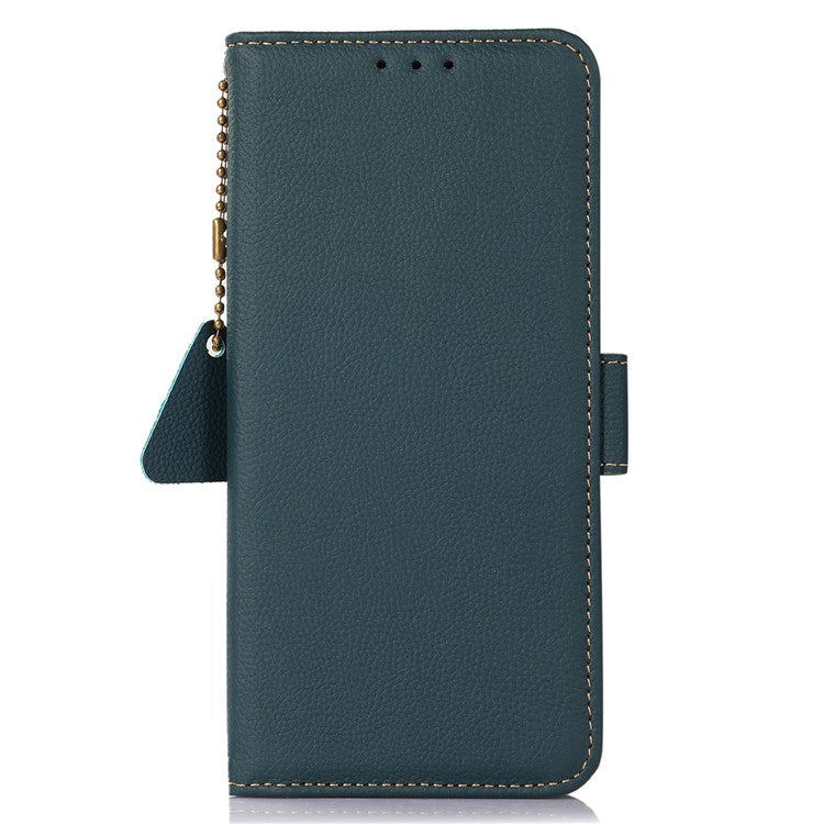 TJ For Motorola Moto G35 5G Case RFID Blocking Genuine Cow Leather Phone Cover - Green