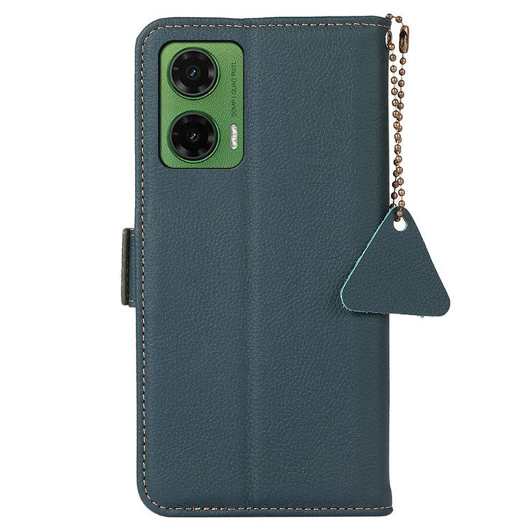 TJ For Motorola Moto G35 5G Case RFID Blocking Genuine Cow Leather Phone Cover - Green