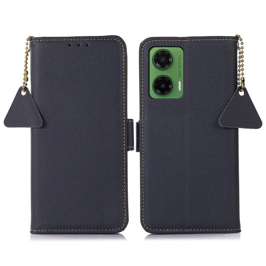 TJ For Motorola Moto G35 5G Case RFID Blocking Genuine Cow Leather Phone Cover - Blue
