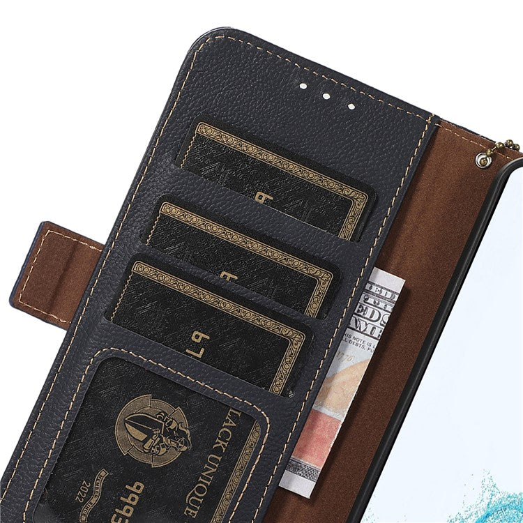 TJ For Motorola Moto G35 5G Case RFID Blocking Genuine Cow Leather Phone Cover - Blue