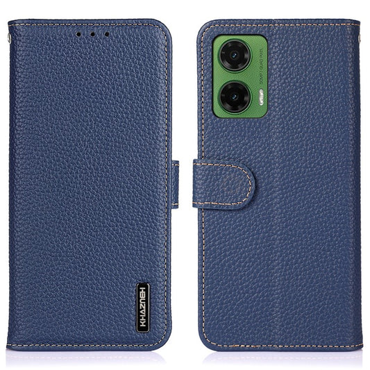 KHAZNEH For Motorola Moto G35 5G Phone Case Genuine Cow Leather Flip Cover - Blue