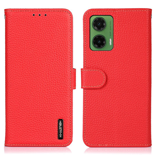 KHAZNEH For Motorola Moto G35 5G Phone Case Genuine Cow Leather Flip Cover - Red