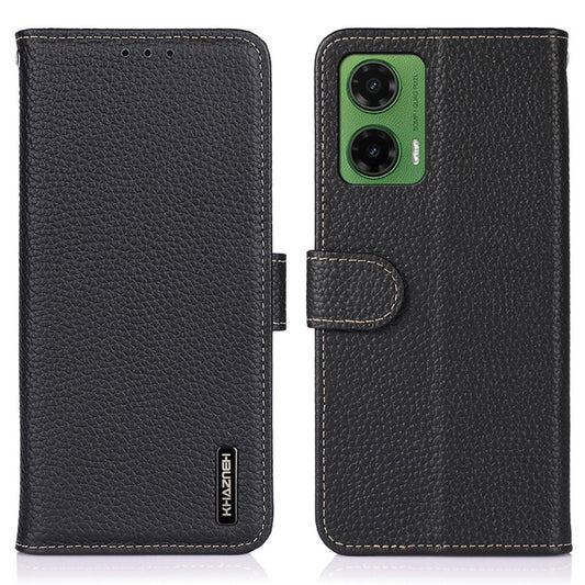 KHAZNEH For Motorola Moto G35 5G Phone Case Genuine Cow Leather Flip Cover - Black