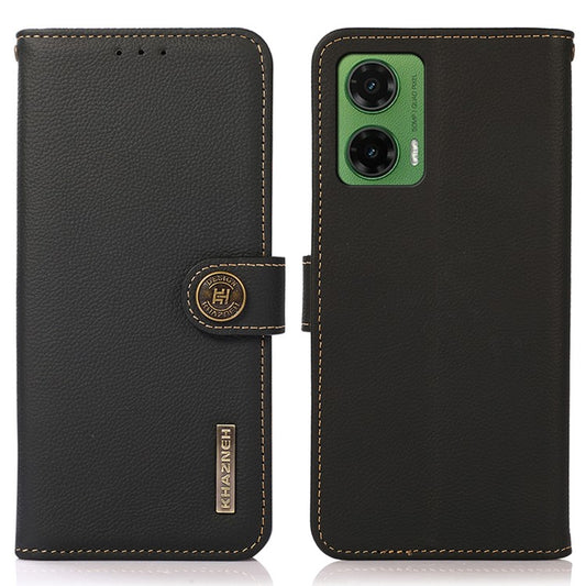 KHAZNEH For Motorola Moto G35 5G Case Genuine Cow Leather Wallet Phone Cover - Black