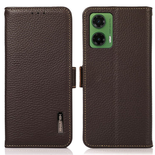 KHAZNEH For Motorola Moto G35 5G Phone Case Genuine Cow Leather Cover RFID Blocking - Brown