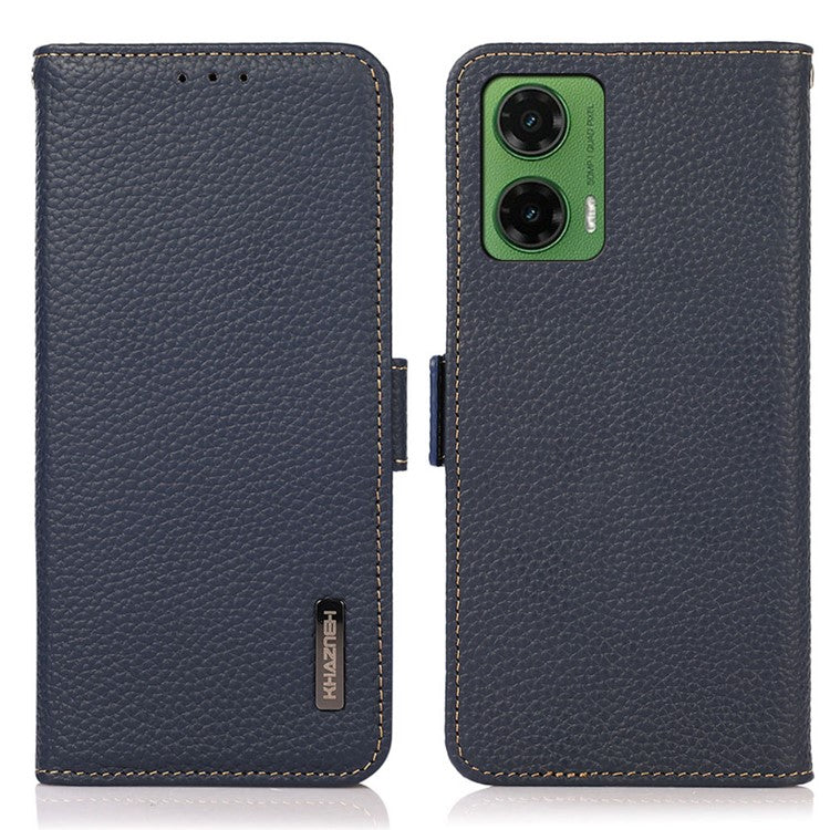 KHAZNEH For Motorola Moto G35 5G Phone Case Genuine Cow Leather Cover RFID Blocking - Blue