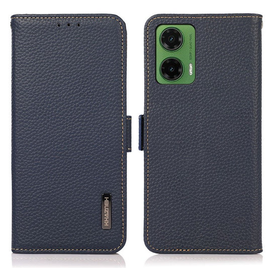KHAZNEH For Motorola Moto G35 5G Phone Case Genuine Cow Leather Cover RFID Blocking - Blue