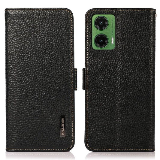 KHAZNEH For Motorola Moto G35 5G Phone Case Genuine Cow Leather Cover RFID Blocking - Black