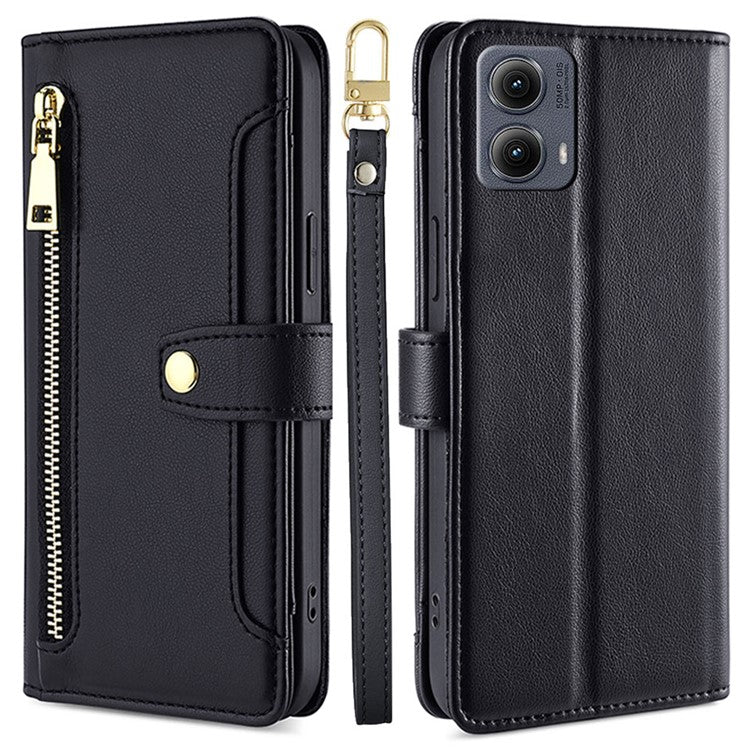 For Motorola Edge (2024) 5G Case PU Leather Crossbody Phone Cover with Zipper Pocket Wallet - Black