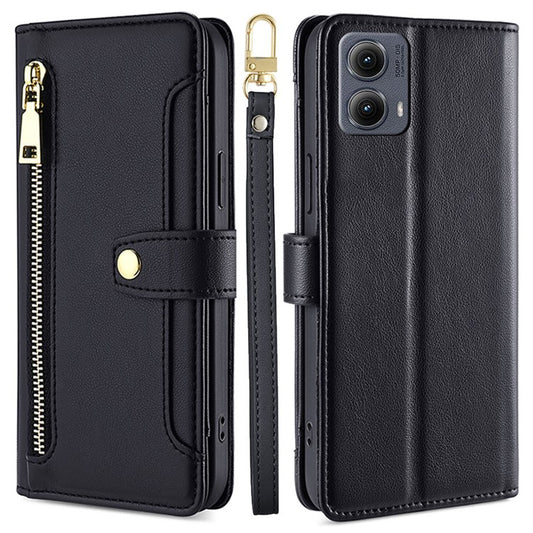 For Motorola Edge (2024) 5G Case PU Leather Crossbody Phone Cover with Zipper Pocket Wallet - Black