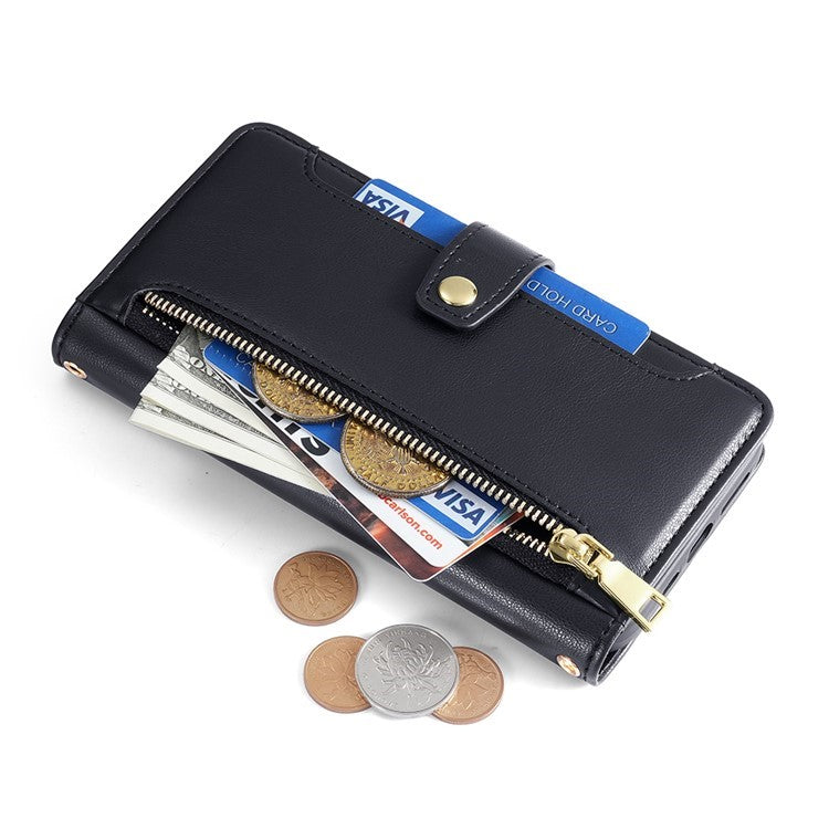 For Motorola Edge (2024) 5G Case PU Leather Crossbody Phone Cover with Zipper Pocket Wallet - Black