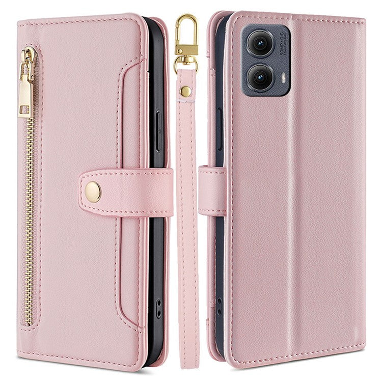 For Motorola Edge (2024) 5G Case PU Leather Crossbody Phone Cover with Zipper Pocket Wallet - Pink