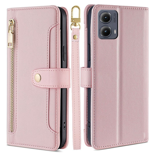 For Motorola Edge (2024) 5G Case PU Leather Crossbody Phone Cover with Zipper Pocket Wallet - Pink