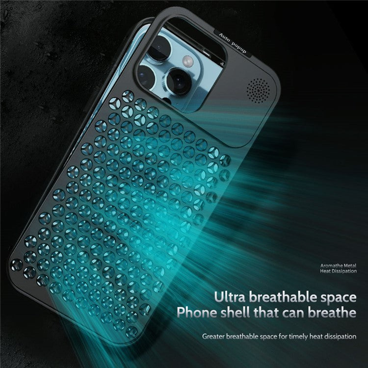 R-JUST RJ58 For iPhone 14 Pro Case Auto Pop-Up Heat Dissipation Aromatherapy Aluminium Alloy Cover - Black