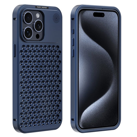 R-JUST RJ58 For iPhone 14 Pro Max Case Auto Pop-Up Heat Dissipation Aromatherapy Aluminium Alloy Cover - Blue