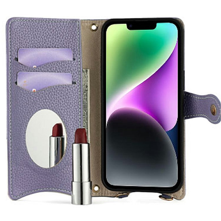For iPhone 14 Leather Case Wallet Stand Cover Irregular Tail Style with Chain Strap - Purple