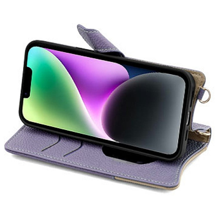 For iPhone 14 Leather Case Wallet Stand Cover Irregular Tail Style with Chain Strap - Purple