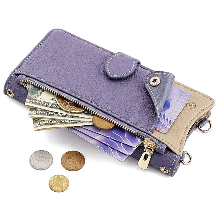 For iPhone 14 Leather Case Wallet Stand Cover Irregular Tail Style with Chain Strap - Purple