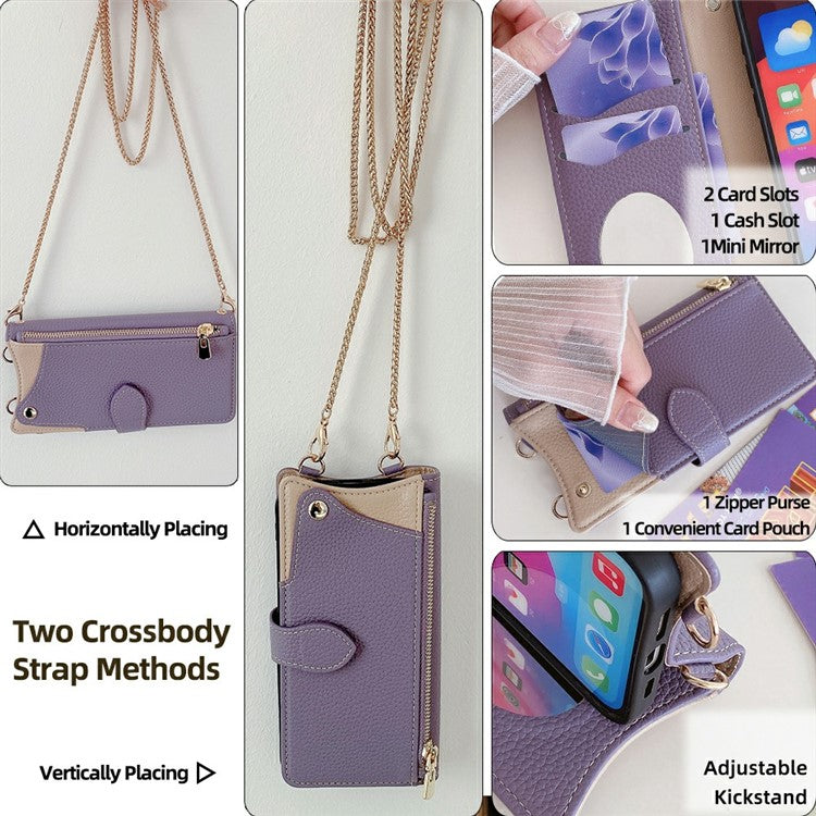 For iPhone 14 Leather Case Wallet Stand Cover Irregular Tail Style with Chain Strap - Purple
