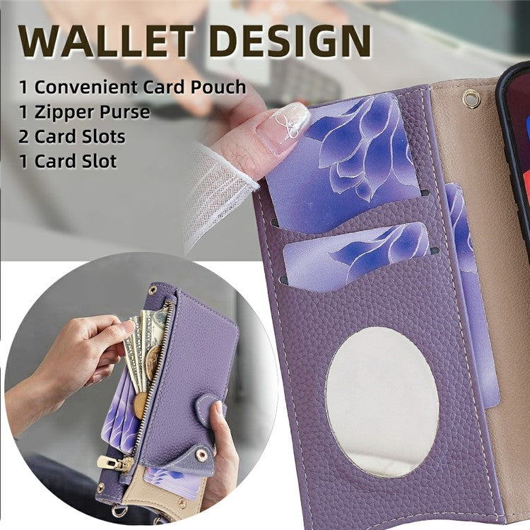 For iPhone 14 Leather Case Wallet Stand Cover Irregular Tail Style with Chain Strap - Purple
