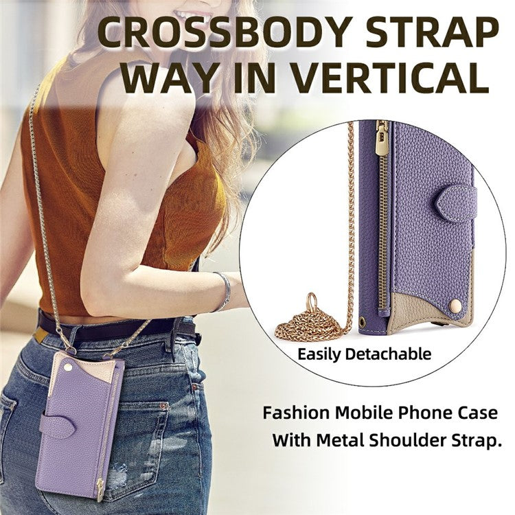 For iPhone 14 Leather Case Wallet Stand Cover Irregular Tail Style with Chain Strap - Purple