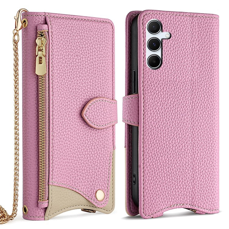 For Samsung Galaxy A35 5G Leather Case Wallet Stand Cover Irregular Tail Style with Chain Strap - Pink
