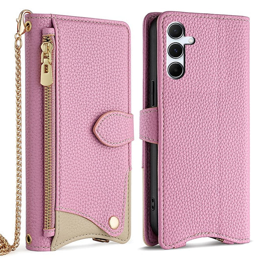 For Samsung Galaxy A35 5G Leather Case Wallet Stand Cover Irregular Tail Style with Chain Strap - Pink
