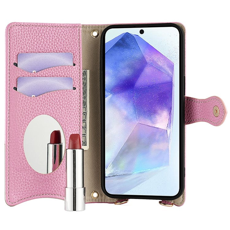 For Samsung Galaxy A35 5G Leather Case Wallet Stand Cover Irregular Tail Style with Chain Strap - Pink