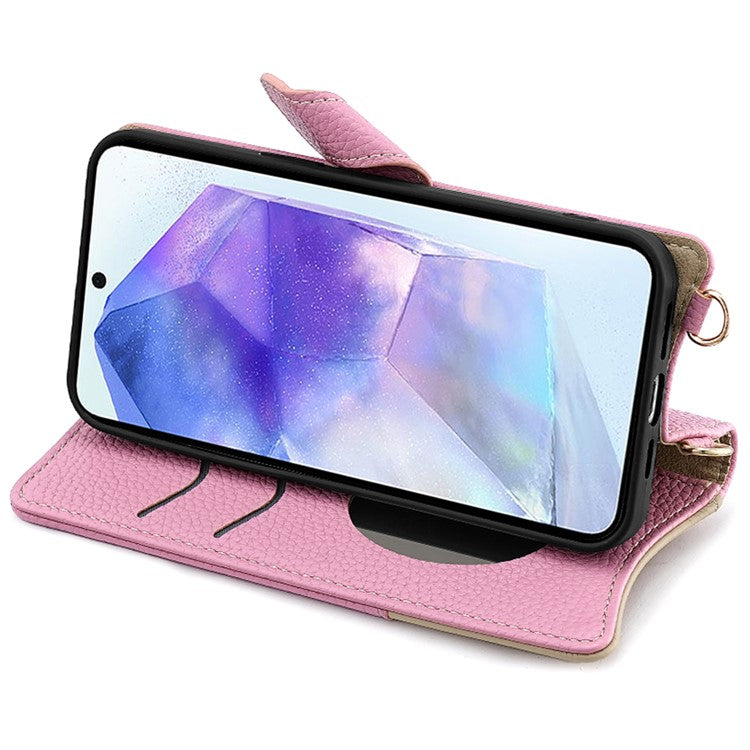 For Samsung Galaxy A35 5G Leather Case Wallet Stand Cover Irregular Tail Style with Chain Strap - Pink
