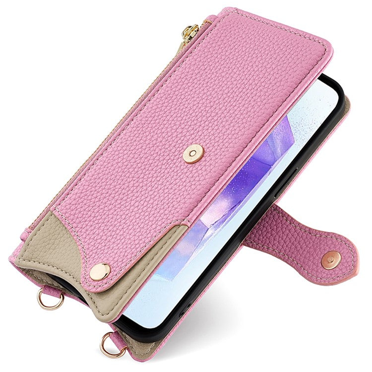 For Samsung Galaxy A35 5G Leather Case Wallet Stand Cover Irregular Tail Style with Chain Strap - Pink
