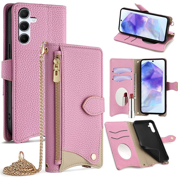 For Samsung Galaxy A35 5G Leather Case Wallet Stand Cover Irregular Tail Style with Chain Strap - Pink