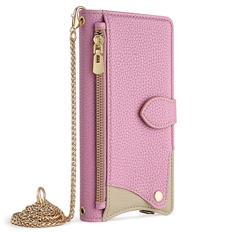 For Samsung Galaxy A35 5G Leather Case Wallet Stand Cover Irregular Tail Style with Chain Strap - Pink