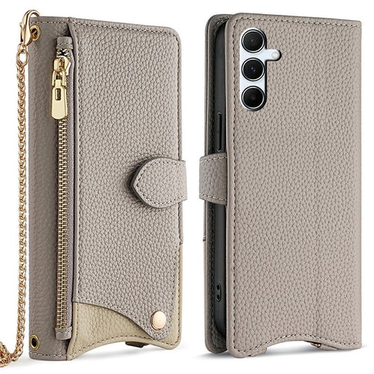 For Samsung Galaxy A25 5G (Global) (161.0 x 76.5 x 8.3mm) Leather Case Wallet Stand Cover Irregular Tail Style with Chain Strap - Grey