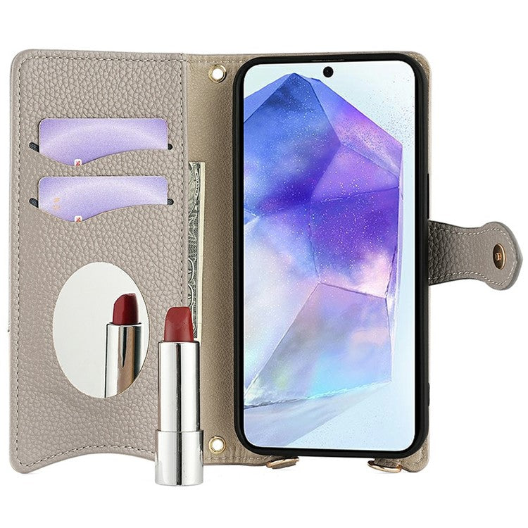 For Samsung Galaxy A25 5G (Global) (161.0 x 76.5 x 8.3mm) Leather Case Wallet Stand Cover Irregular Tail Style with Chain Strap - Grey