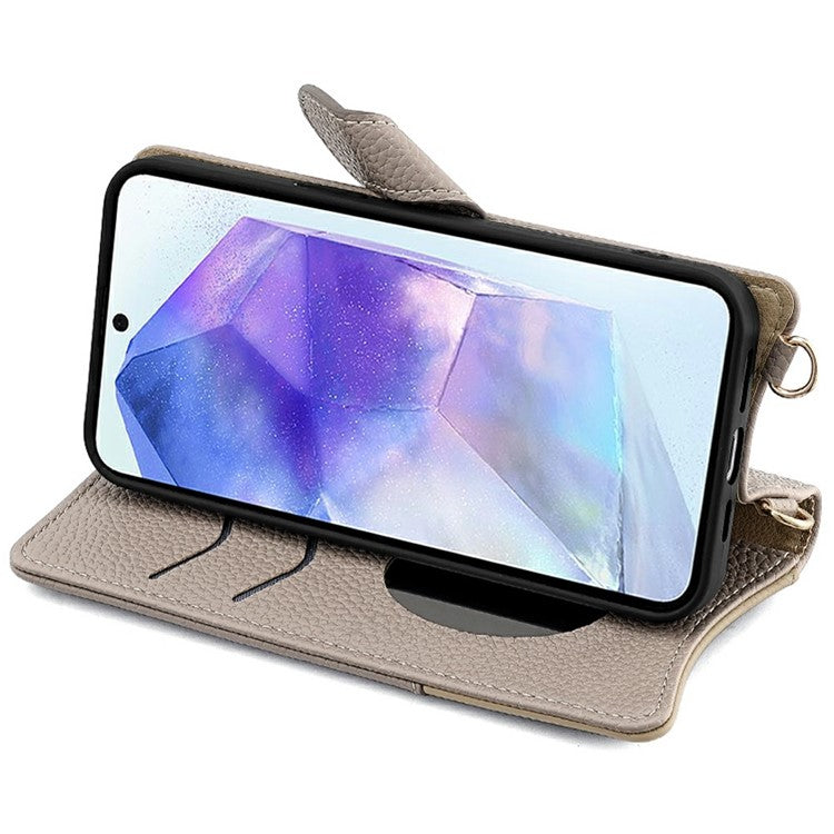 For Samsung Galaxy A25 5G (Global) (161.0 x 76.5 x 8.3mm) Leather Case Wallet Stand Cover Irregular Tail Style with Chain Strap - Grey