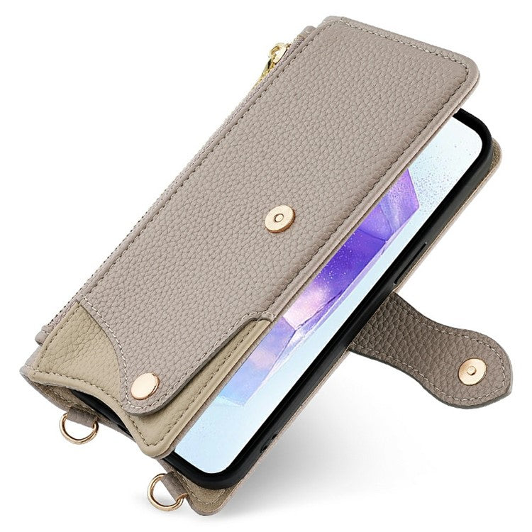 For Samsung Galaxy A25 5G (Global) (161.0 x 76.5 x 8.3mm) Leather Case Wallet Stand Cover Irregular Tail Style with Chain Strap - Grey