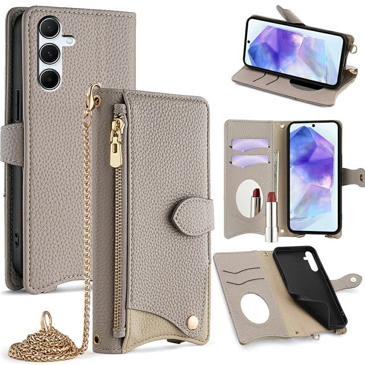 For Samsung Galaxy A25 5G (Global) (161.0 x 76.5 x 8.3mm) Leather Case Wallet Stand Cover Irregular Tail Style with Chain Strap - Grey