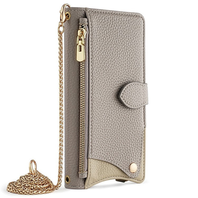 For Samsung Galaxy A25 5G (Global) (161.0 x 76.5 x 8.3mm) Leather Case Wallet Stand Cover Irregular Tail Style with Chain Strap - Grey