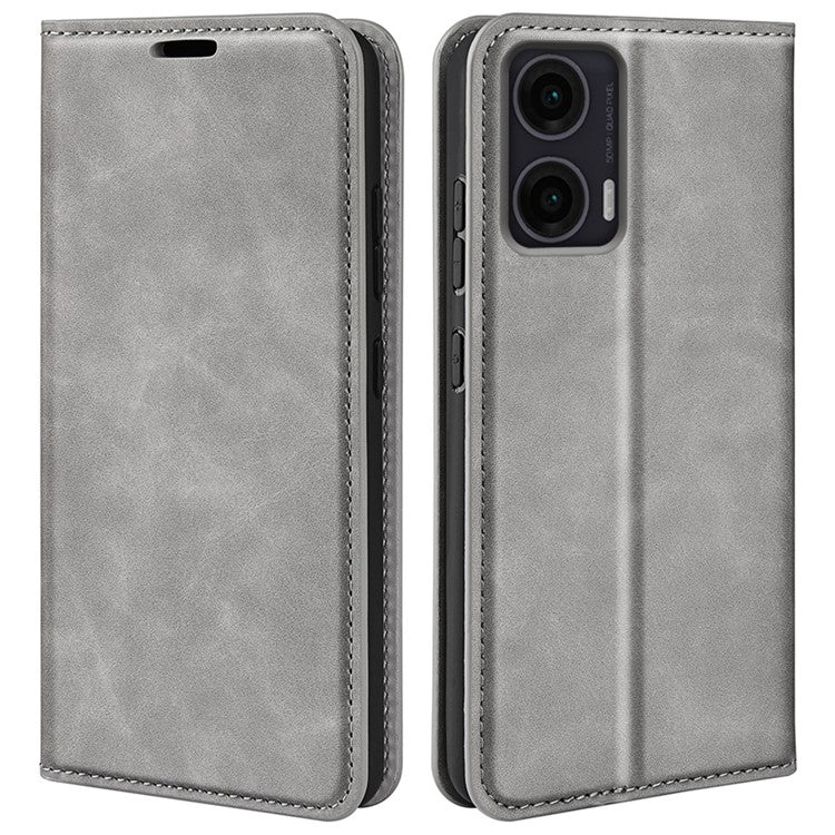 For Motorola Moto G35 5G Case Skin-Touch Leather Wallet Phone Cover - Grey