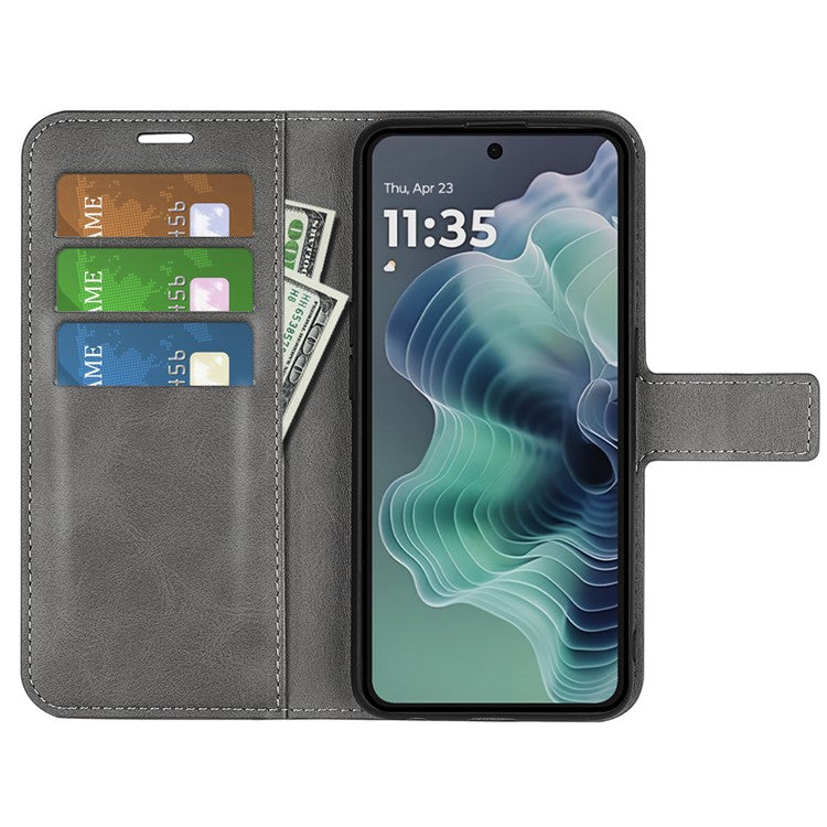 For Motorola Moto G35 5G Stand Case Anti-Scratch Calf Texture Leather Phone Cover - Grey