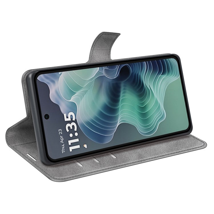 For Motorola Moto G35 5G Stand Case Anti-Scratch Calf Texture Leather Phone Cover - Grey