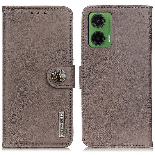 KHAZNEH For Motorola Moto G35 5G Wallet Case Cowhide Texture Leather Flip Phone Cover - Khaki