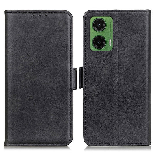 For Motorola Moto G35 5G Case Stand Cowhide Texture PU Leather Phone Cover - Black
