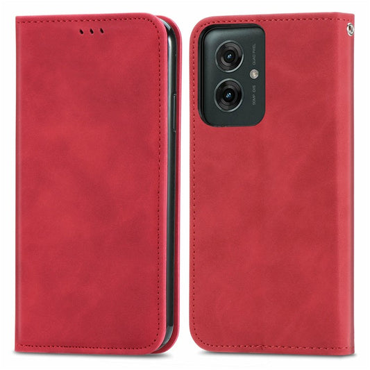 For Motorola Moto G55 5G Case Skin Touch Feeling Card Slot Leather Phone Cover Stand Magnetic Absorption - Red