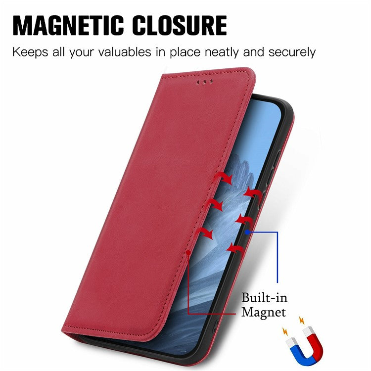 For Motorola Moto G55 5G Case Skin Touch Feeling Card Slot Leather Phone Cover Stand Magnetic Absorption - Red