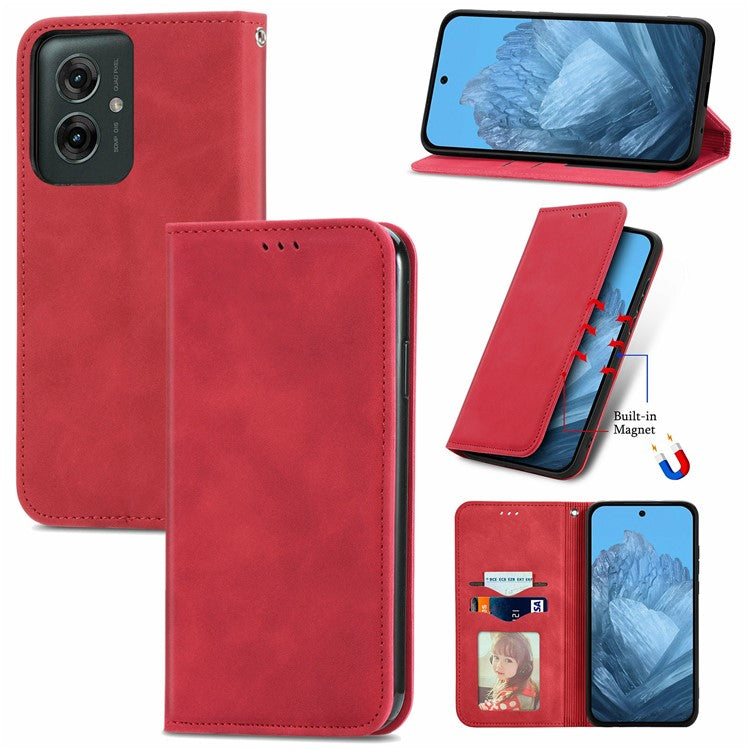For Motorola Moto G55 5G Case Skin Touch Feeling Card Slot Leather Phone Cover Stand Magnetic Absorption - Red